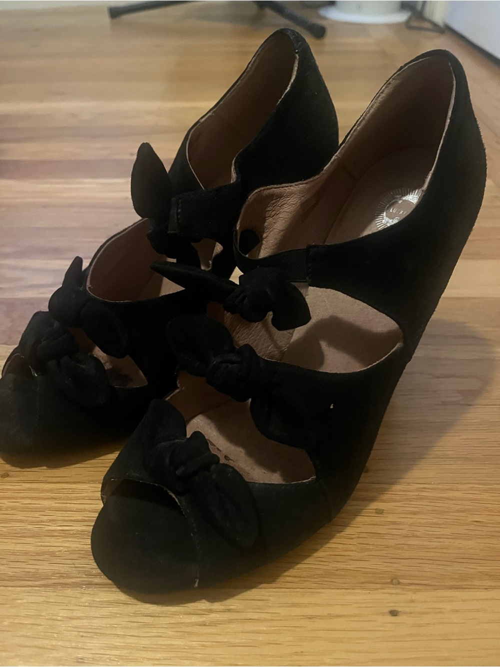 Lucky Penny Black Suede Knot Accent Peep-Toe Heels